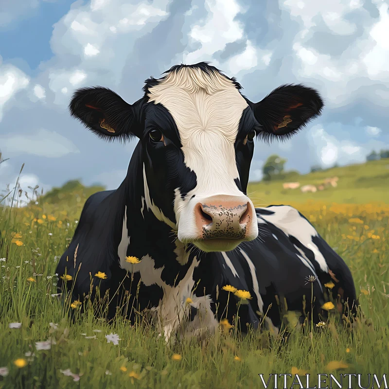 Resting Cow in Grassy Field AI Image