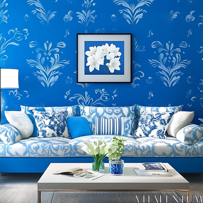 Serene Blue Room with Patterned Sofa AI Image