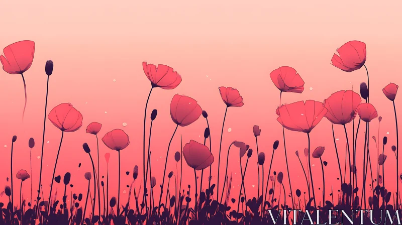 Stylized Poppies Under a Pink Sky AI Image