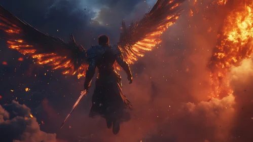 Winged Warrior in Fiery Landscape