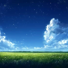 Green Field and Starry Night Illustration