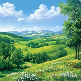 Idyllic Green Meadow Landscape Painting