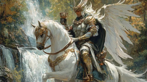 Ethereal Knight with Chalice by Waterfall