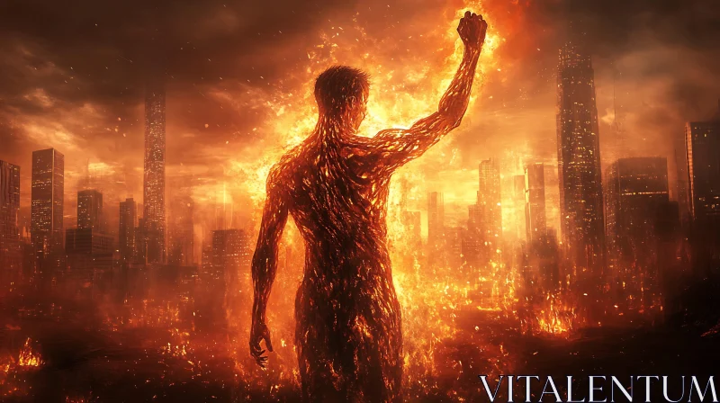 Fiery Figure in Apocalyptic City AI Image