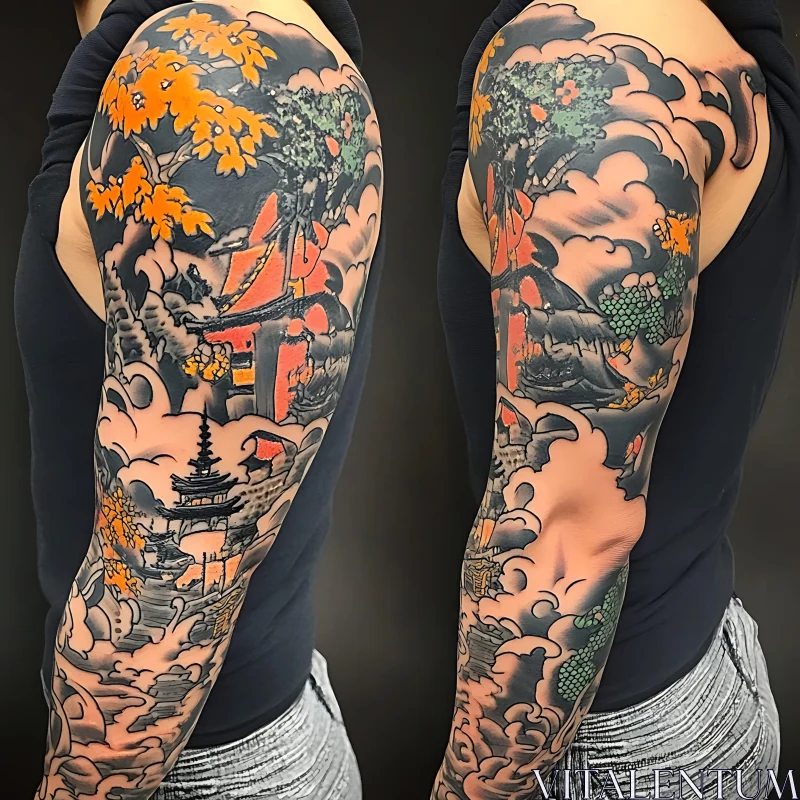 Japanese Tattoo with Temples and Autumn Leaves AI Image