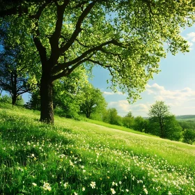 Lush Green Field with Flowers and Trees