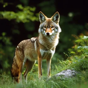 Wild Coyote Standing in Grassy Field