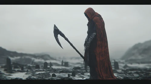 Hooded Figure with Scythe in Misty Graveyard