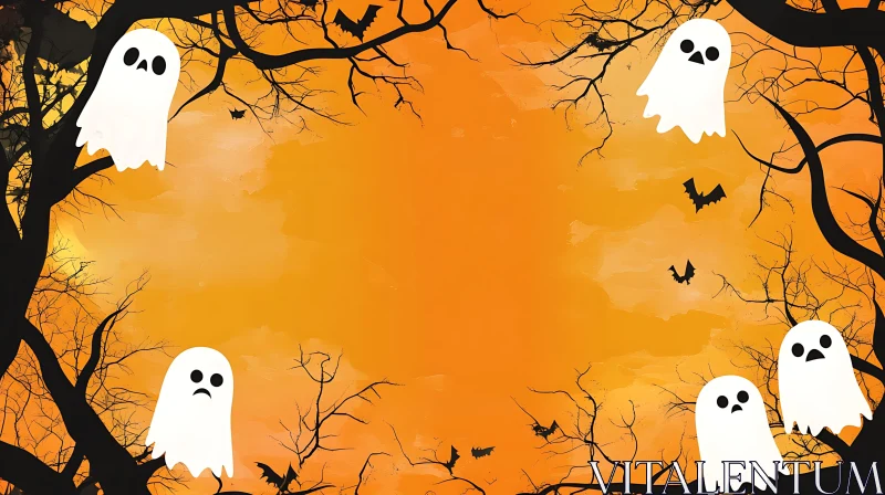 Halloween Ghosts and Bats Illustration AI Image