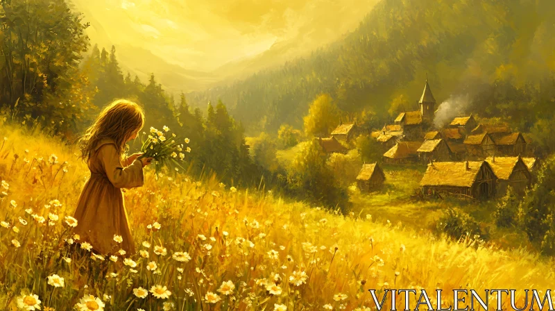 Golden Meadow Village Scene AI Image