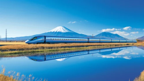 Blue Train Passing Through Jira River - Japanese-inspired Imagery
