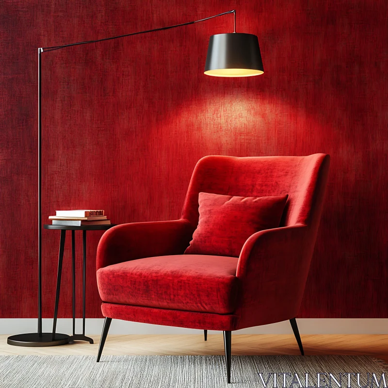 Cozy Red Armchair with Lamp AI Image