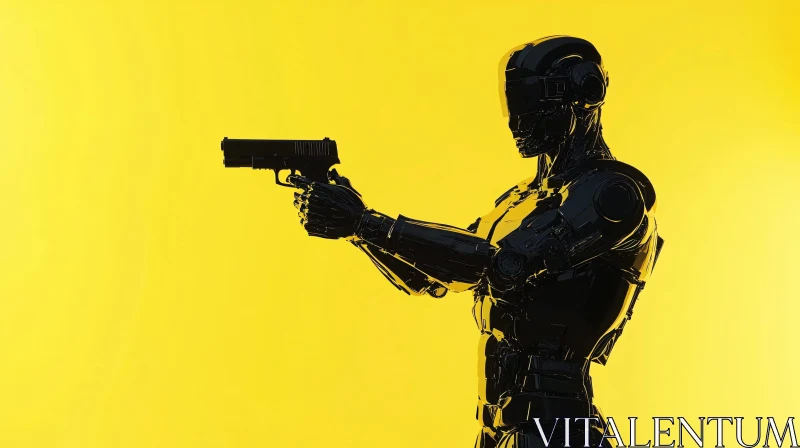 Advanced Black Robot with a Gun on Yellow Backdrop AI Image