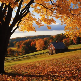 Colorful Autumn Scenery with Rustic Cabin