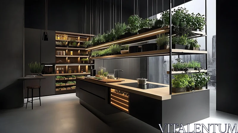 AI ART Stylish Kitchen with Integrated Plant Shelving