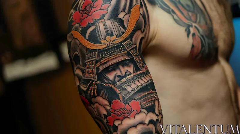 Japanese Samurai Tattoo with Floral Elements AI Image