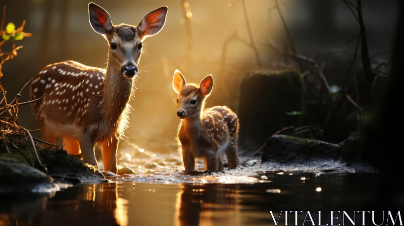 Mother Deer and Fawn at Twilight Water's Edge AI Image