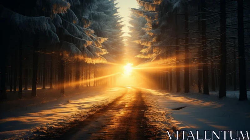 Snow-Covered Pathway Through Sunlit Forest: A Nature's Celebration AI Image