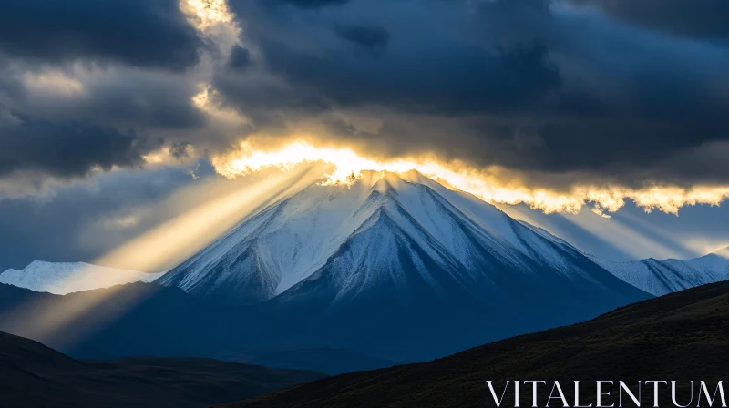 Sunlit Snowy Mountain Under Dramatic Clouds AI Image