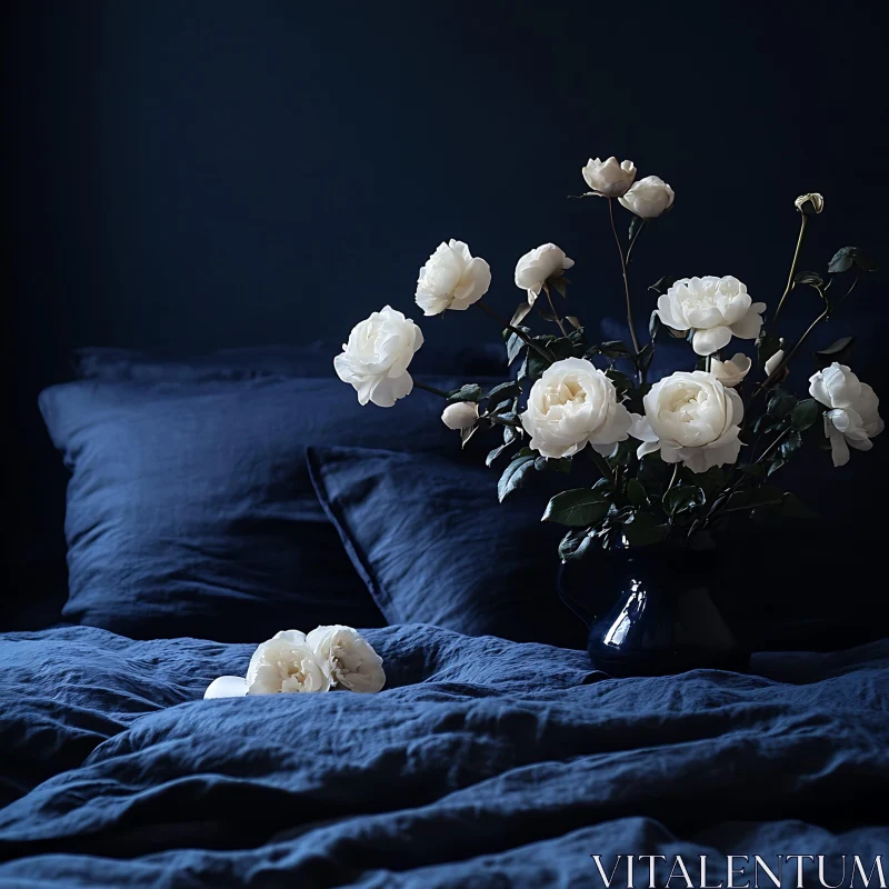 Serene Floral Arrangement on Blue Bedding AI Image