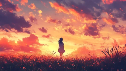 Girl in Field at Sunset Anime