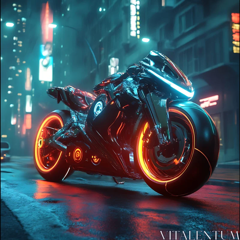 Neon Motorcycle on Wet City Street AI Image