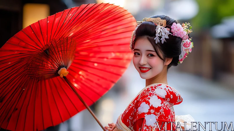 Japanese Beauty with Traditional Red Kimono AI Image