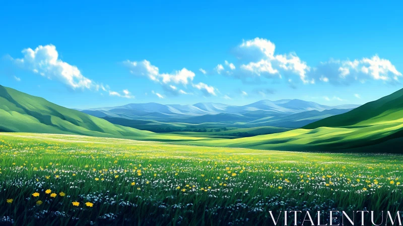 Scenic Meadow with Flowers and Hills AI Image