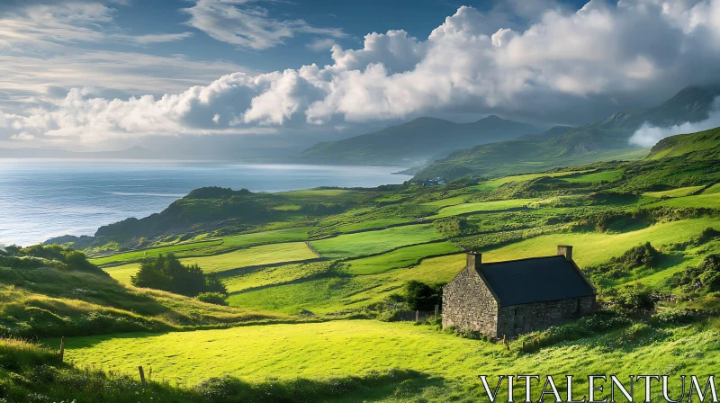 AI ART Green Fields and Coastal View