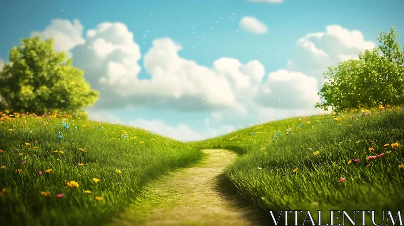 Scenic Grassy Path with Wildflowers AI Image