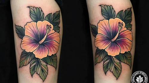 Vibrant Hibiscus Tattoo with Green Leaves