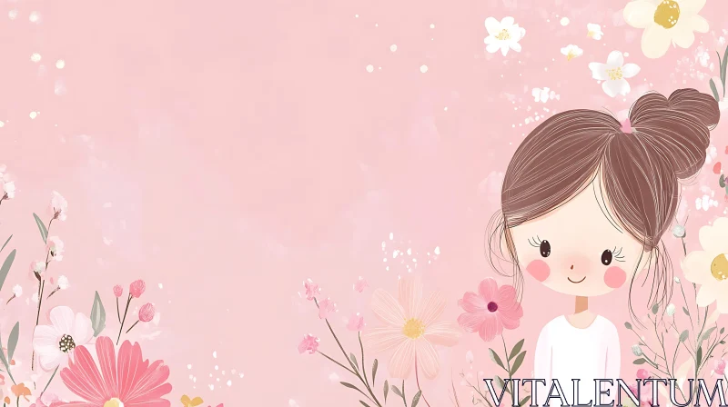 Pink Floral Girl Illustration AI Image