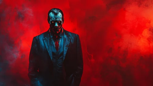 Zombie in Suit Against Red Backdrop