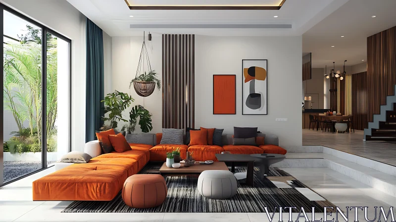 AI ART Modern Living Room with Orange Sofa