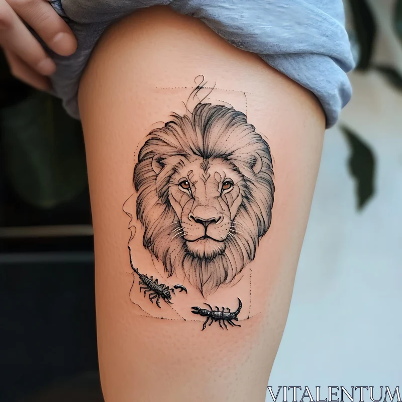 Detailed Lion Head and Scorpion Ink Art AI Image