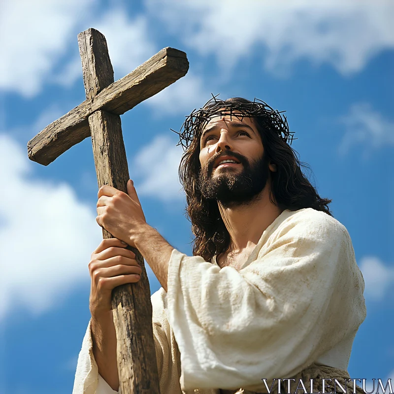 Religious Figure Holding Cross Skyward AI Image