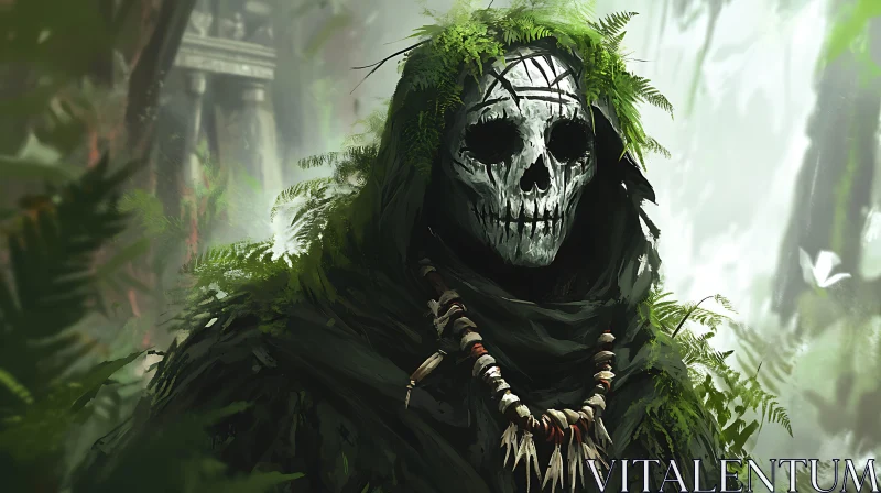 AI ART Fern Adorned Skull Mask in Jungle