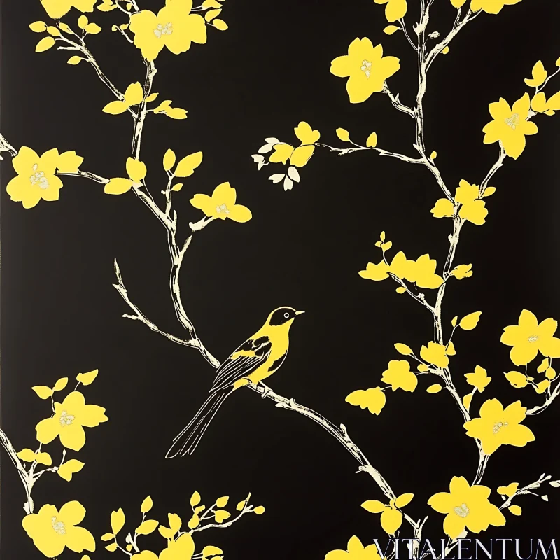 AI ART Yellow Bird Floral Illustration