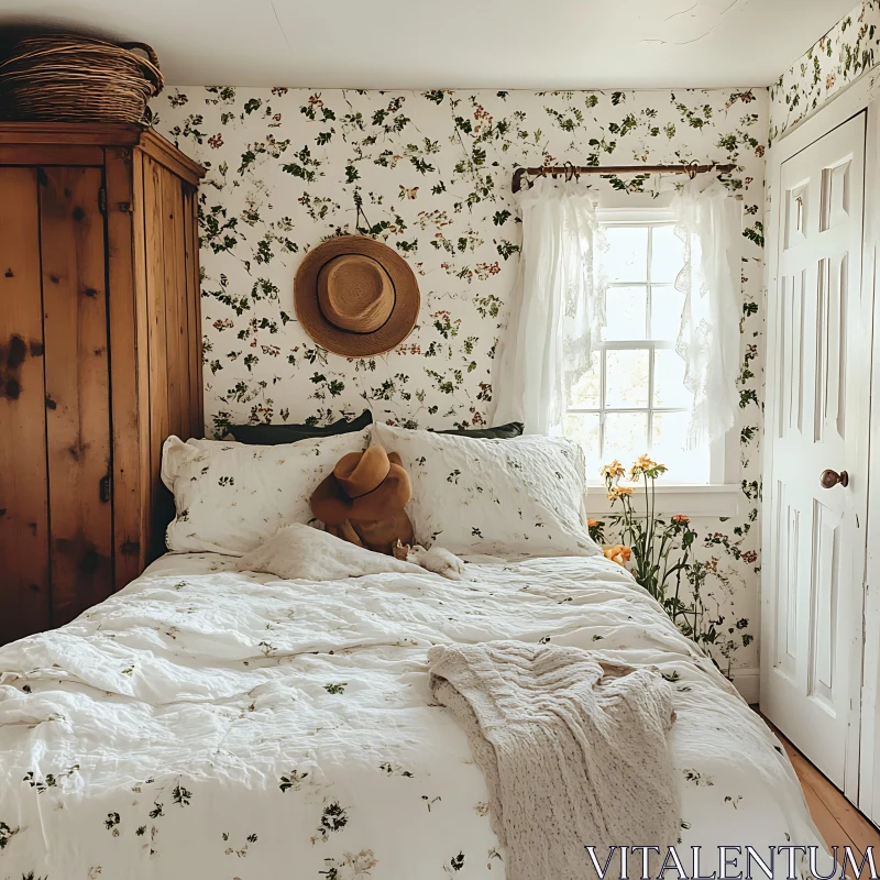 Vintage Floral Bedroom with Natural Light AI Image