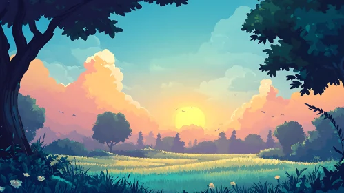 Sunset Field Landscape Illustration