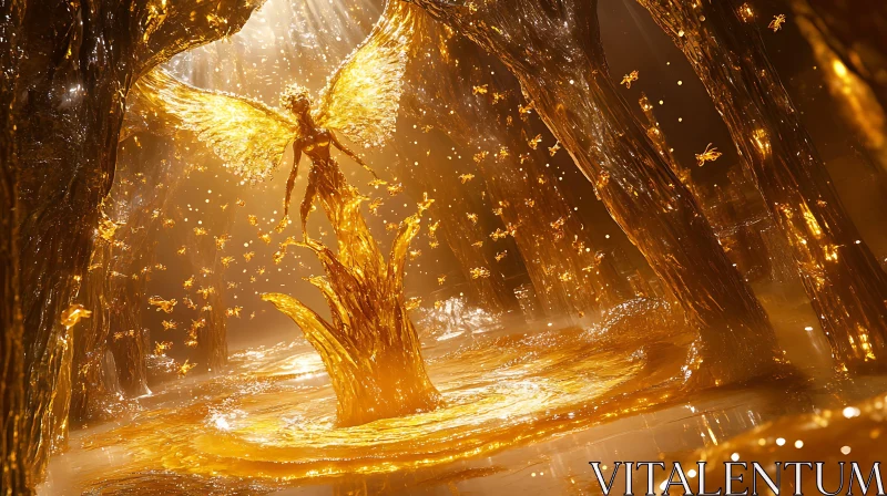 AI ART Winged Golden Figure in a Magical Realm