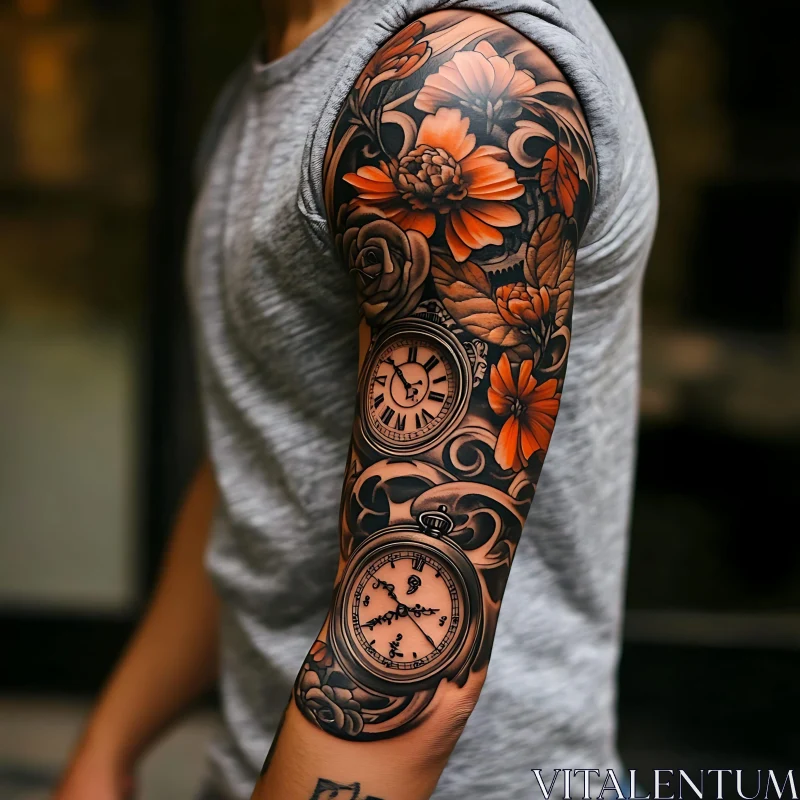 Arm Tattoo with Timepieces and Flowers AI Image