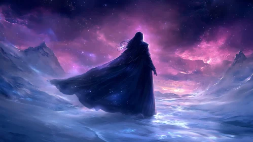 Mystic Figure Stargazing Mountain Scene