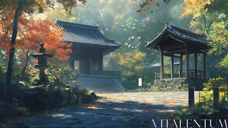 Autumnal Japanese Garden with Traditional Architecture AI Image