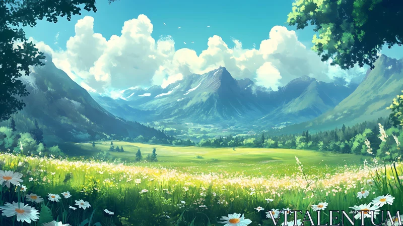 AI ART Lush Green Valley with Mountain Backdrop