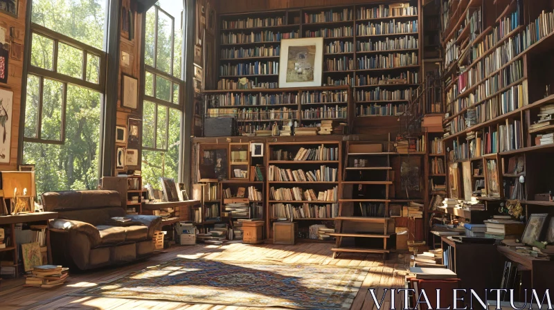 Sunlit Home Library with Bookshelves AI Image