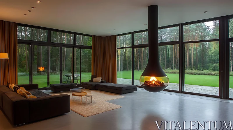 AI ART Contemporary Interior with Hanging Fireplace