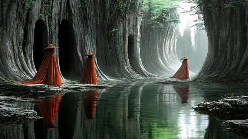 Forest Reflections: Monks by the Water