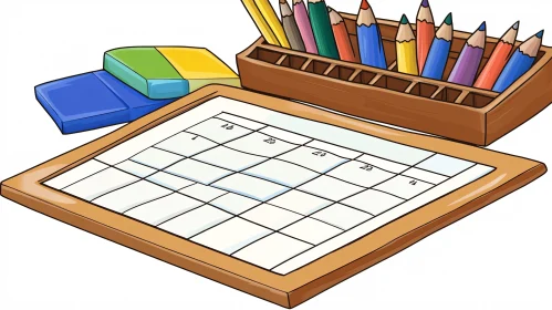 Colorful Cartoon Calendar and School Supplies