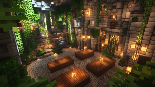 Blocky Stone Interior with Lanterns and Greenery